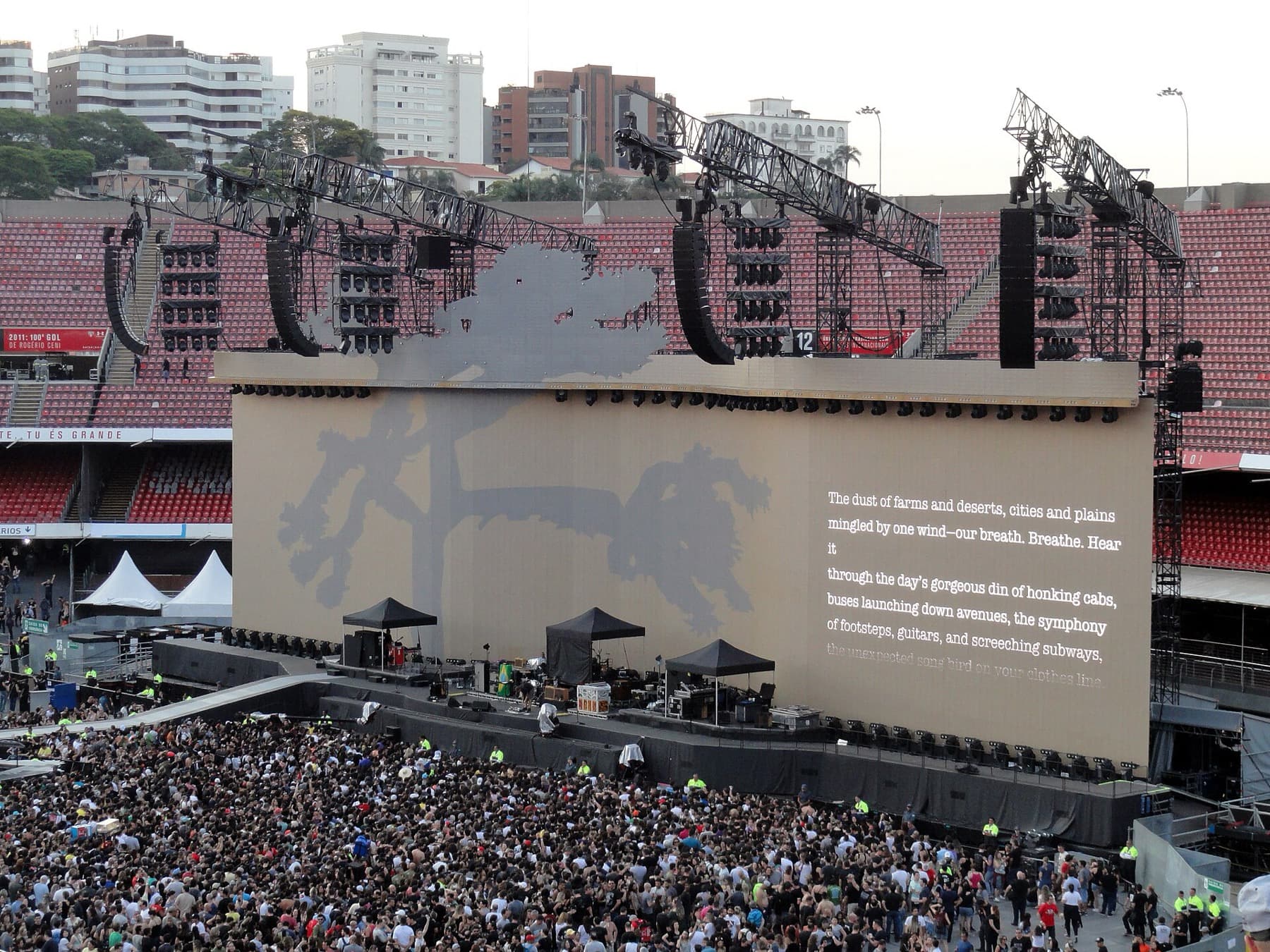 The stage of U2's Joshua Tree Tour before the concert at the Estádio do Morumbi, São Paulo, on 19 October 2017.